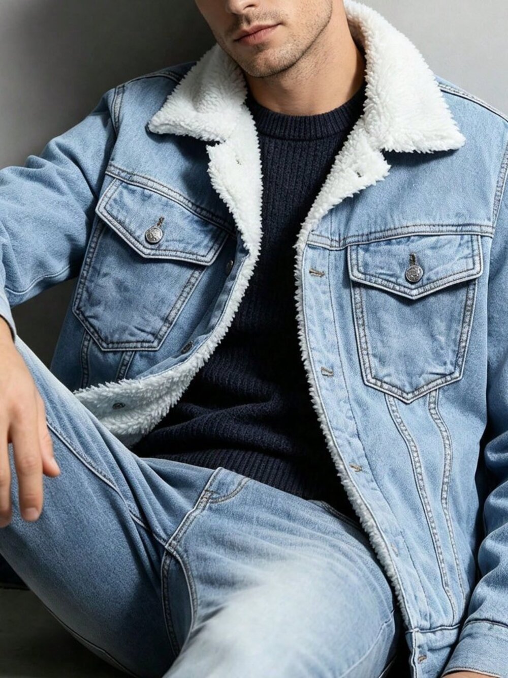 Medium Wash Boho Men's Regular Fit Winter Denim Jacket